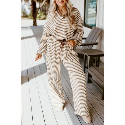 Khaki Stripe Collared Pullover Top and Drawstring Pant Set