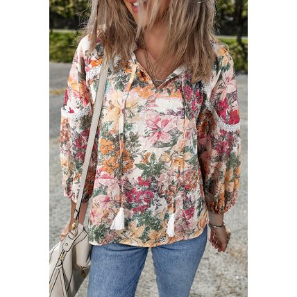 Pink Floral Print Lace Embroidery Tie Split Neck Long Sleeve Blouse