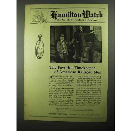1922 Hamilton Watch Ad - Favorite Timekeeper Railroad