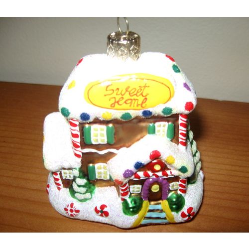Glass Christmas Ornament: SWEET HOME Glittery Snow Covered Gingerbread House