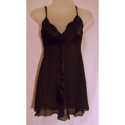 Vintage Victoria's Secret Sheer Black Nightgown Silky Bodice Bow Full Skirt Sz M