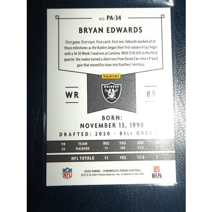 2020 Panini Chronicles BRYAN EDWARDS (Las Vegas Raiders) Panini RC #PA-34