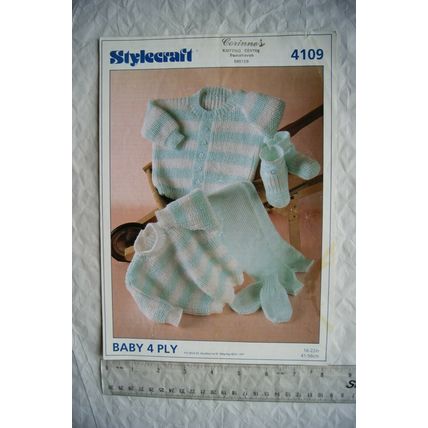 Vintage: Stylecraft 4109 cardigan sweater trousers mitts bootees, 4 ply