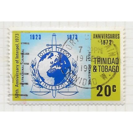 TRINIDAD & TOBAGO 1973 INTERPOL POLICE JUSTICE SWORD SCALES WORLD 20c USED