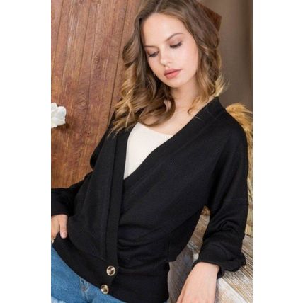 Women's Overwrap Front Button Detail Long Sleeve Knit Top