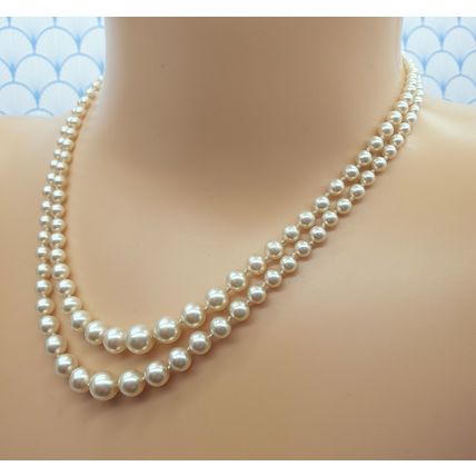 Vintage 1950s Double Strand Glass Pearl Bead Necklace with Sterling Silver Clasp
