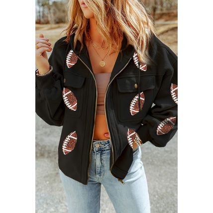 Black Sequined Rugby Football Pattern Pocketed Zipper Hooded Jacket