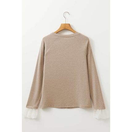 Parchment Seam Detail Lace Contrast Cuffs Raglan Sleeve Top