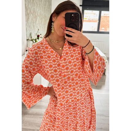 Orange Floral Print Flounce Sleeve Buttoned Front Mini Dress