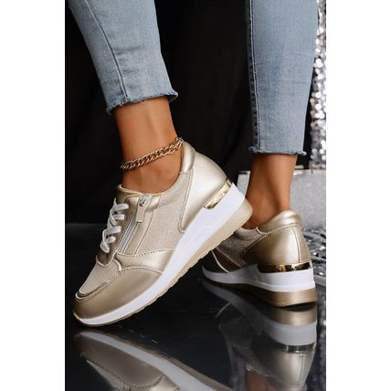 Gold PU Leather Patchwork Zipper Lace-up Sneakers