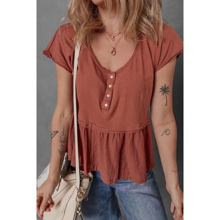 Chestnut Short Sleeve U Neck Buttons Splicing Ruffle Blouse