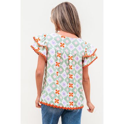 Green Geometric Floral Print Layered Flutter Sleeve V Neck Ric Rac Trim Blouse