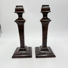 Early 20th Century Walnut Veneer Wood Pedestal Candlesticks Pair Red Velvet 10”