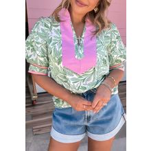 Green Leaves Pattern Color Block V Neck Puff Sleeve Blouse