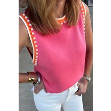 Bright Pink Contrast Trim Pearl Detail Sweater Tank Top