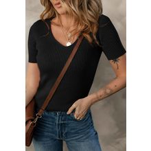 Black V Neck Ribbed Knit Lightweight Short Sleeve Sweater