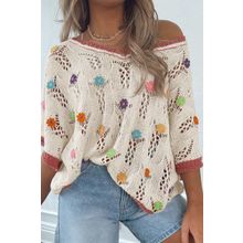 Delicacy Embroidered Flowers Colorblock Edge Hollowed Sweater