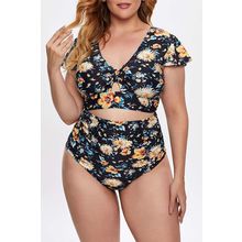 Plus Size Flutter Cap Sleeve Floral High Waist Bikini