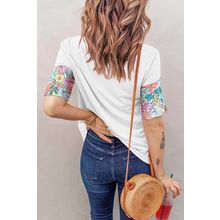 White Floral Print Patchwork Short Sleeve Top