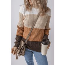 Khaki Colorblock Cable Knit Round Neck Sweater