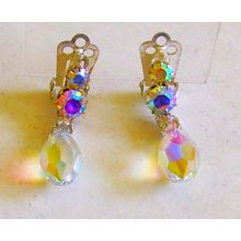 Earrings Aurora Borealis Crystal Pear Drop Clip-on Dangle Clip Faceted Ear Stud