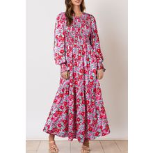 Sky Blue Floral Print Smocked Lantern Sleeve Tiered Maxi Dress