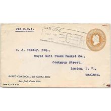 Costa Rica Postal Sta 1907 San Jose to London UK via USA, slogan type cancel