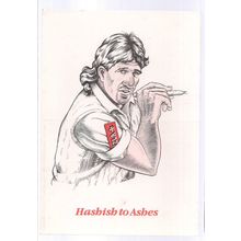 HASHISH TO ASHES - IAN BOTHAM by Mikki Rain 1985 art unused vintage postcard (a=