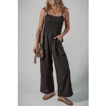 Black Spaghetti Straps Shirred Bodice Pocketed Wide Leg Jumpsuit