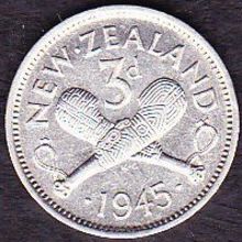 1945 New Zealand Threepence Silver Coin