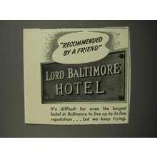 1953 Lord Baltimore Hotel Ad - Recommended by a Friend