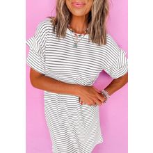 White Stripe Ruffled Short Sleeve Crew Neck T Shirt Shift Mini Dress
