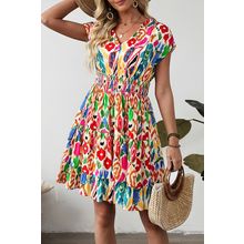 Sky Blue Abstract Print V Neck Dolman Sleeve Ruffle Tiered Mini Dress
