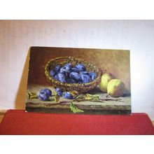 BOWL OF PLUMS unused antique postcard by S. Hildesheimer & Co =
