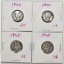 Silver Mercury Dimes 1944 (2), 1945 (2) Coins Lot of 4
