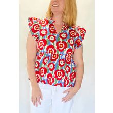 Red Plus Size Floral Print Ruffle Trim Split Neck Peplum Top