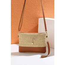 Beige Bow Pearl Decor Straw PU Leather Patched Crossbody Bag