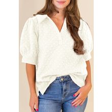 White Textured Puff Half Sleeve Collared V Neck Top