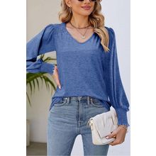 Sky Blue Shirred Shoulder Frilled Cuffs Long Sleeve Top