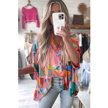 Multicolor Abstract Geometry Print Half Puff Sleeve Loose Shirt