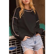 Black Contrast Rainbow Trim Drop Shoulder Pullover Sweatshirt