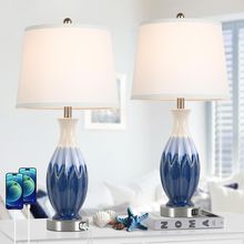 28” Tall Table Lamps Set of 2, Ceramic Bedside Lamps with USB Ports, Navy Blue L