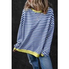 Blue Stripe Oversized Contrast Trim Pullover Sweatshirt