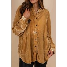 Gold Solid Color Button Up Loose Fit Velvet Shirt