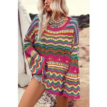 Rose Red Colorblock Striped Hollowed Knit Loose Sleeve Sweater