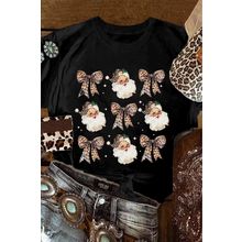 Black Santa Claus Leopard Bow Print Crew Neck Casual T Shirt