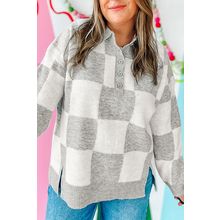 Gray Plus Size Checkered Pattern Button Polo Collar Split Sweater