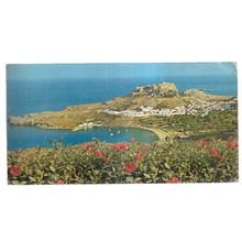 LINDOS AND THE ACROPOLIS, RHODES . large used postcard 19 X 10 cms 1978 pm #
