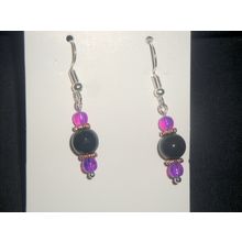 Faceted black with clear hot purple glass short drop earrings