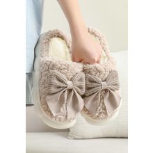 Camel Contrast Bowknot Applique Plush Winter Slippers (Bow Colors May Differ by